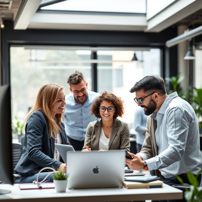 A diverse group of professionals collaborating in a modern, tech-driven workspace, representing the changing nature of work.