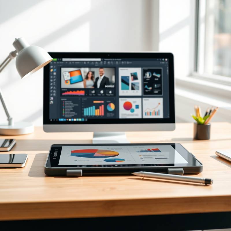 A graphic design workspace with a tablet, stylus, and design software open.