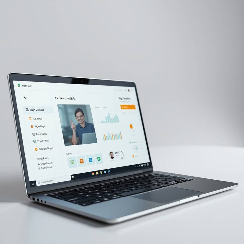 A laptop with accessibility features enabled, such as screen reader and high contrast mode, emphasizing inclusive design.