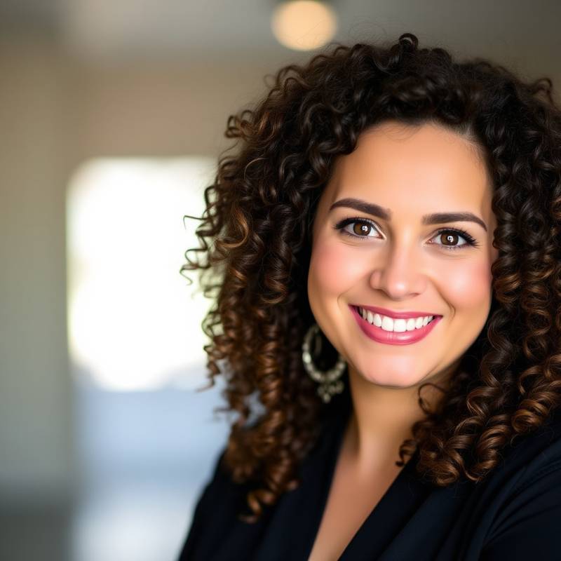 Headshot of Maria Garcia, a smiling woman with curly hair, marketing specialist.