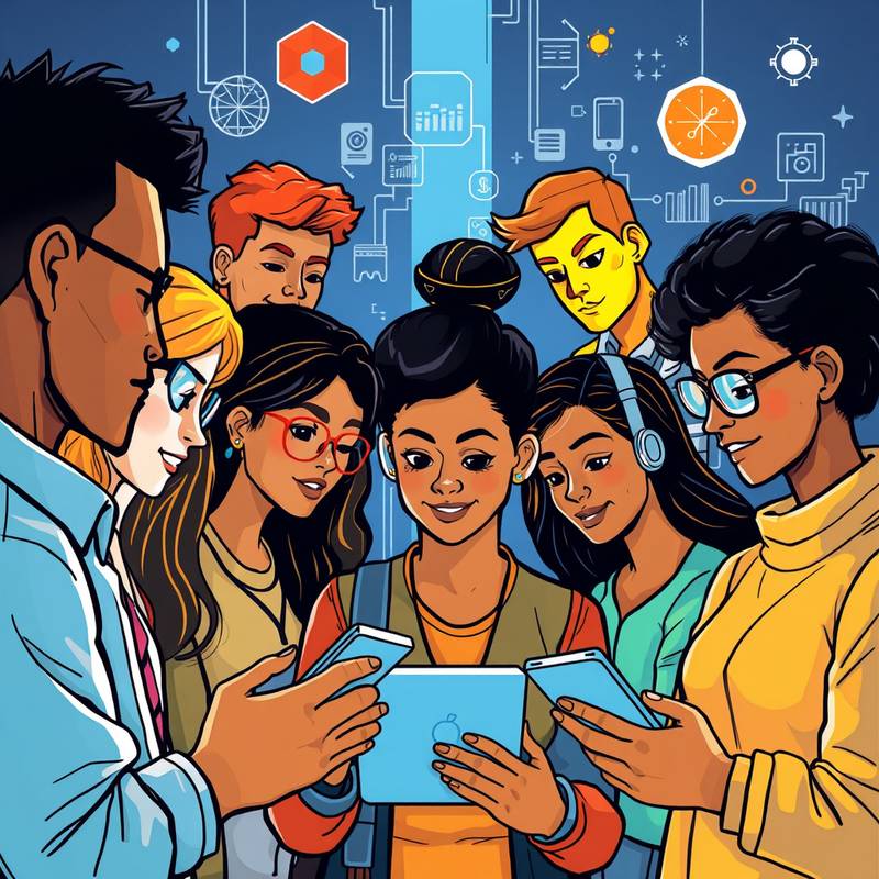 Illustration showing people of diverse abilities interacting with technology, emphasizing inclusivity.